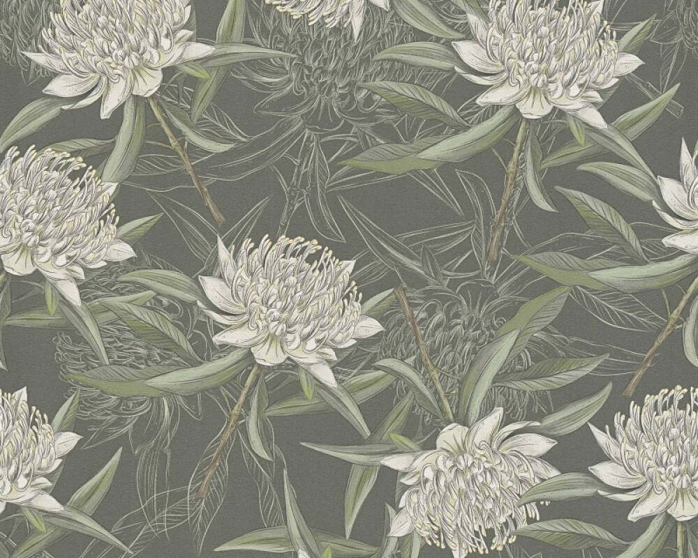 Vliesové tapety biely kvet a zelené listy na tmavozelenom pozadí, 39432-1 Drawn into Nature